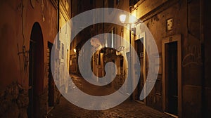 Generative AI Old cozy street at night in Trastevere Rome Italy Trastevere is rione of Rome on the west bank of th