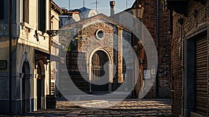 Generative AI Old Foundry Buildings Exterior in Murano Street Isle near Venice, Italy business concept.