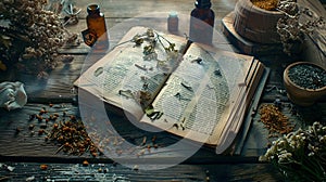 Generative AI Old magic book and dry natural herbs and remedy bottle on the wooden table flat lay background with