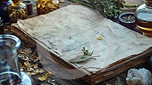 Generative AI Old magic book and dry natural herbs and remedy bottle on the wooden table flat lay background with