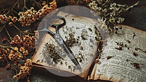 Generative AI Old scissors with beautiful dried flowers and book on wooden table flat lay business concept.