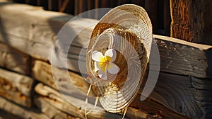 Generative AI Old straw hat with an artificial flower hangs on a wooden fence on the street at the ethnographic vi