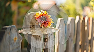 Generative AI Old straw hat with an artificial flower hangs on a wooden fence on the street at the ethnographic vi