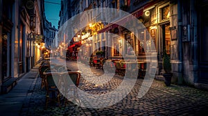 Generative AI Old street with tables of cafe in center of Brussels Belgium Night cityscape of Brussels Bruxelles A