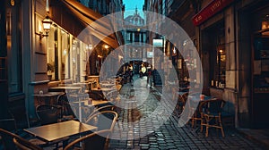 Generative AI Old street with tables of cafe in center of Brussels Belgium Night cityscape of Brussels Bruxelles A