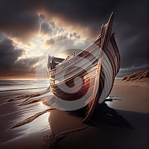 Generative AI:  old wooden boat stranded on the lonely beach