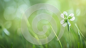 Generative AI One fourleaf white clover with a blurred background of fresh spring grass Fourleaf clover as a symbo photo