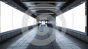 Generative AI OOH Extrreme Horizontal blank advertising billboard poster template mock up in a long tunnel walkway