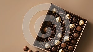 Generative AI Open box of delicious chocolate candies on beige background flat lay business concept.