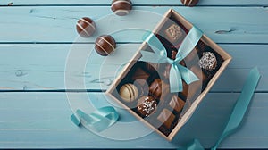 Generative AI Open box of delicious chocolate candies and color ribbon on light blue wooden table flat lay busines