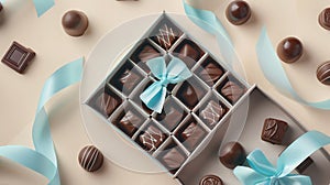 Generative AI Open box of delicious chocolate candies and light blue ribbon on beige background flat lay business