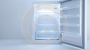 Generative AI Open empty refrigerator on white background business concept.