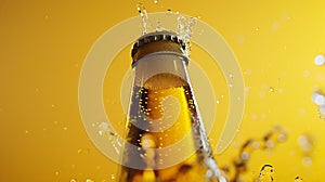 Generative AI Opening of cold beer bottle gas output and bottle cap in the air Isolated on a yellow background bus