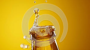 Generative AI Opening of cold beer bottle gas output and bottle cap in the air Isolated on a yellow background bus