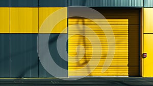 Generative AI Opening yellow iron shutter door of garage and industrial building warehouse exterior facade with gr