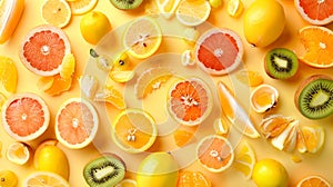 Generative AI Orange flatlay covered in tropical fruit like lemon kiwi mango ananas passion fruit grapefruit Summe