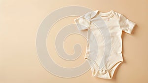 Generative AI Organic cotton bodysuit romper on beige background Baby clothes Fashion newborn clothes Flat lay top photo