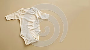 Generative AI Organic cotton bodysuit romper on beige background Baby clothes Fashion newborn clothes Flat lay top photo