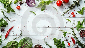 Generative AI Organic fresh vegetables spices and herbs frame on wooden white background Copyspace top view busine