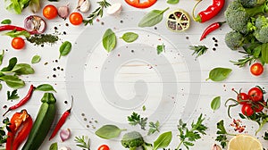 Generative AI Organic fresh vegetables spices and herbs frame on wooden white background Copyspace top view busine