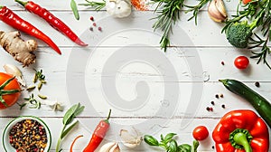 Generative AI Organic fresh vegetables spices and herbs frame on wooden white background Copyspace top view busine