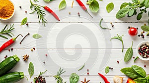 Generative AI Organic fresh vegetables spices and herbs frame on wooden white background Copyspace top view busine