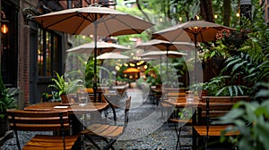 Generative AI outdoor dining patio with plants and umbrellas to protect from the sun empty no people restaurant ou photo