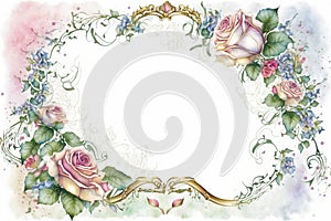 Generative AI. Pale watercolor floral frame on white background - botanical design banner. Floral pastel watercolor, vintage style