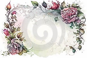 Generative AI. Pale watercolor floral frame on white background - botanical design banner. Floral pastel watercolor, vintage style