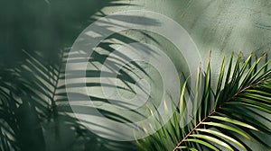 Generative AI Palm leaf shadow on a green wall background Olive color stylish flat lay with trendy shadow and sun