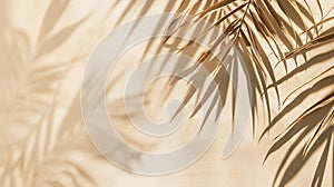 Generative AI Palm leaves shadow on pastel beige wall background  Summer tropical beach background Top view flat l