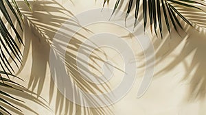 Generative AI Palm leaves shadow on pastel beige wall background  Summer tropical beach background Top view flat l