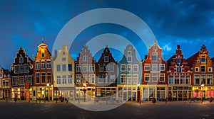 Generative AI Panorama of typical Dutch houses on the Markt square in the center of the old city at night Delft Ho