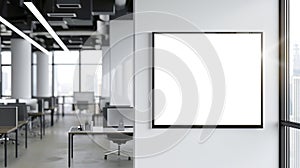Generative AI Panoramic frame Mockup hanging on office wall Mock up of a billboard in modern company interior 3D r