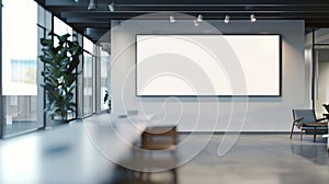 Generative AI Panoramic frame Mockup hanging on office wall Mock up of a billboard in modern company interior 3D r