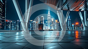 Generative AI Panoramic view of futuristic geometric shapes design empty floor with Kuala Lumpur city skyline . Ni