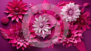 Generative AI, Paper cut craft flowers and leaves, viva magenta color, floral origami textured background, spring mood.