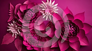 Generative AI, Paper cut craft flowers and leaves, viva magenta color, floral origami textured background, spring mood.