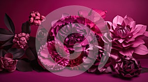 Generative AI, Paper cut craft flowers and leaves, viva magenta color, floral origami textured background, spring mood.