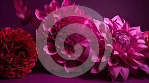 Generative AI, Paper cut craft flowers and leaves, viva magenta color, floral origami textured background, spring mood.