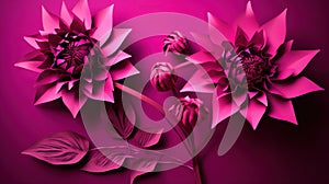 Generative AI, Paper cut craft flowers and leaves, viva magenta color, floral origami textured background, spring mood.