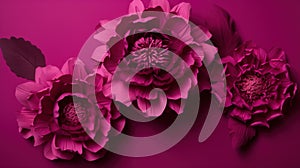 Generative AI, Paper cut craft flowers and leaves, viva magenta color, floral origami textured background, spring mood.