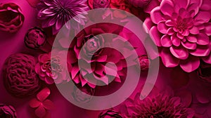 Generative AI, Paper cut craft flowers and leaves, viva magenta color, floral origami textured background, spring mood.