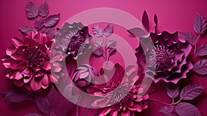 Generative AI, Paper cut craft flowers and leaves, viva magenta color, floral origami textured background, spring mood.