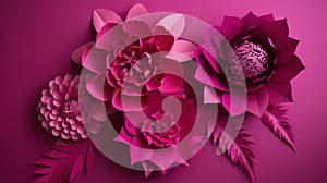 Generative AI, Paper cut craft flowers and leaves, viva magenta color, floral origami textured background, spring mood.