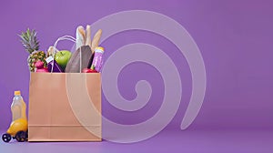 Generative AI Paper shopping bag full of products on wheels against violet background Order hurrying to client Foo