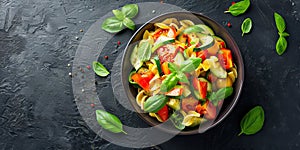 Generative AI. Pasta salad with zucchini, tomato and basil in bowl on black background. Top view, flat lay