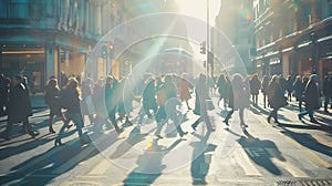 Generative AI Pedestrian blur crowd of people walking in London city panoramic view of people crossing the street