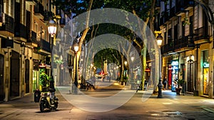 Generative AI Pedestrian street of European city at night Sant Adria de Besos Barcelona business concept. photo
