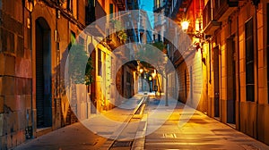 Generative AI Pedestrian street of European city at night Sant Adria de Besos Barcelona business concept. photo